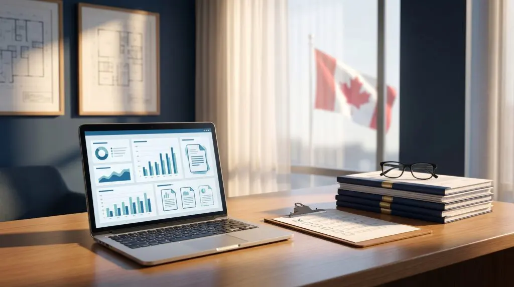 Canadian regulatory compliance desk with documents and laptop