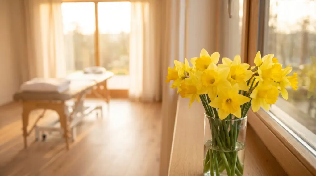 Daffodils on a clinic windowsill with a treatment table softly lit in the background