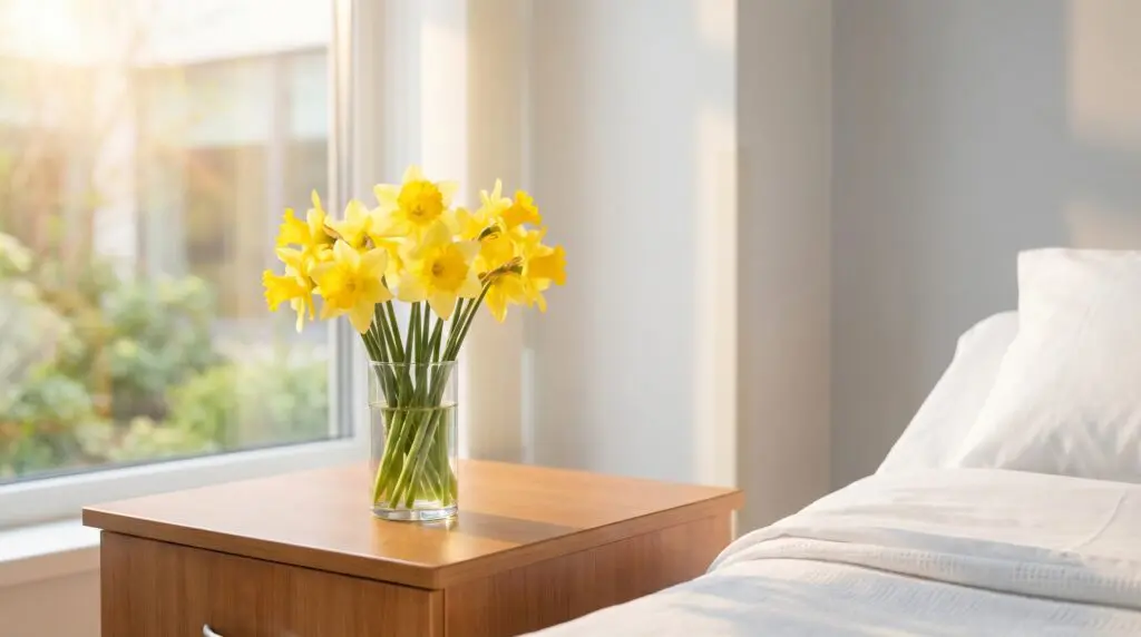 Daffodils in a bright hospital setting with spring light