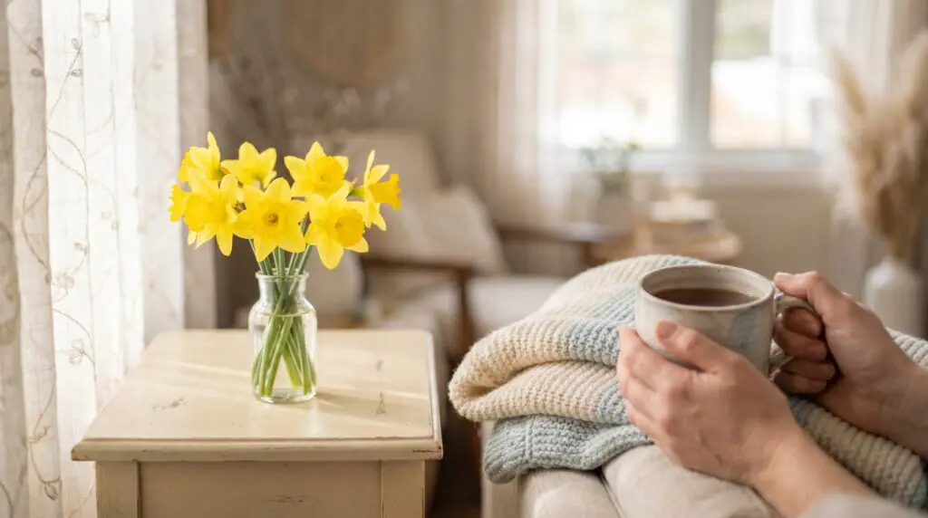 Yellow daffodils beside a warm mug and soft blanket in morning light