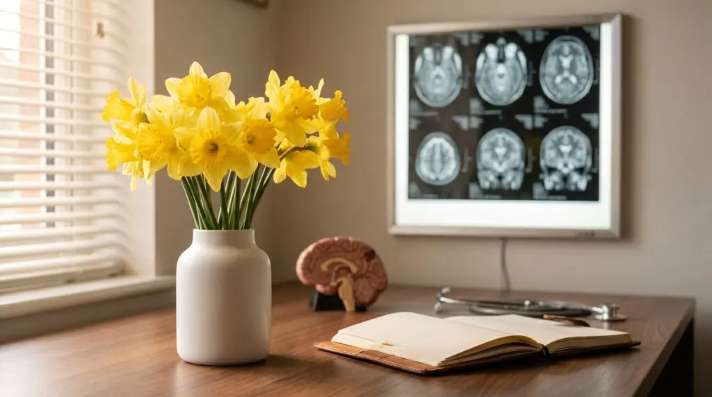 Yellow daffodils in a white ceramic vase on a wooden desk in a neurology consultation room, brain MRI lightbox in soft focus background