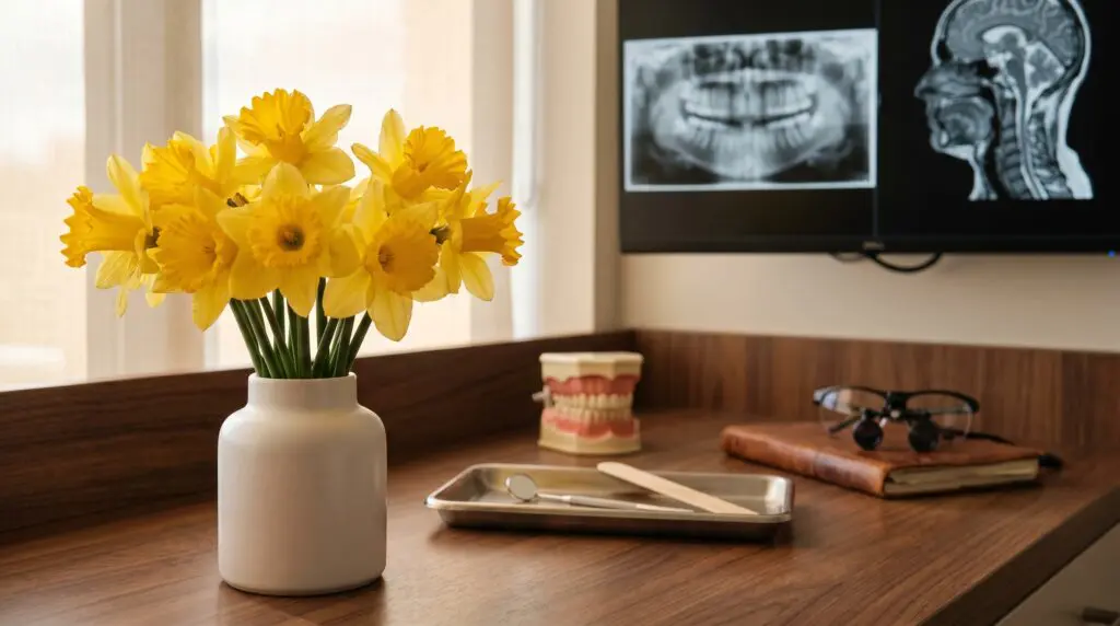 Yellow daffodils in a white ceramic vase on a wooden counter in a head-and-neck oncology consultation room