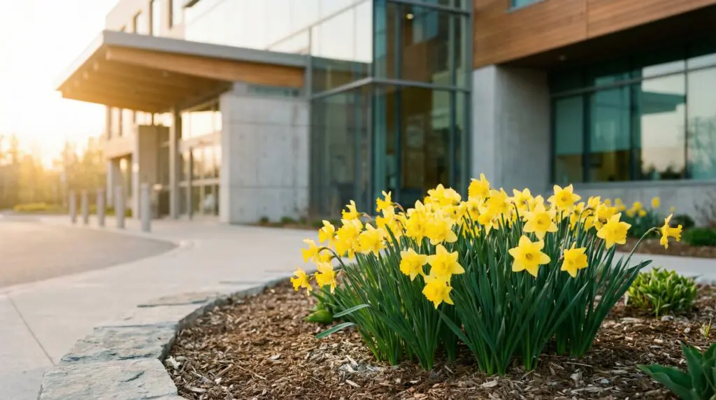 Yellow daffodils outside a cancer treatment centre in spring