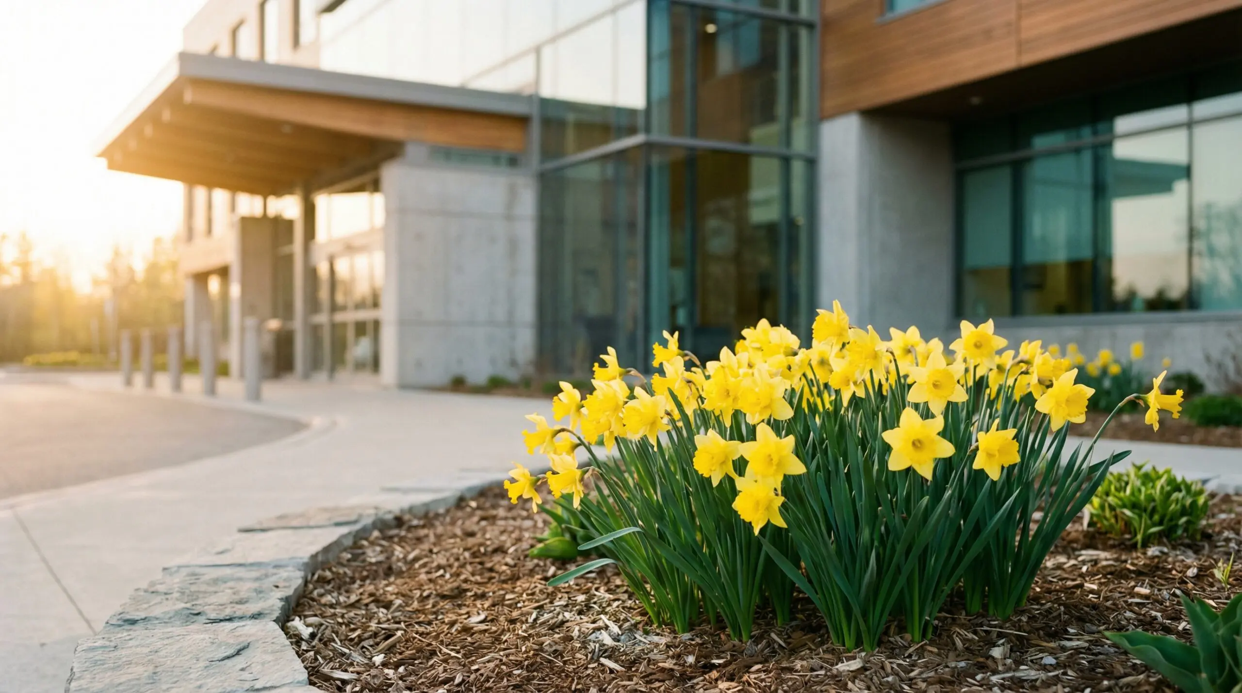Yellow daffodils outside a cancer treatment centre in spring