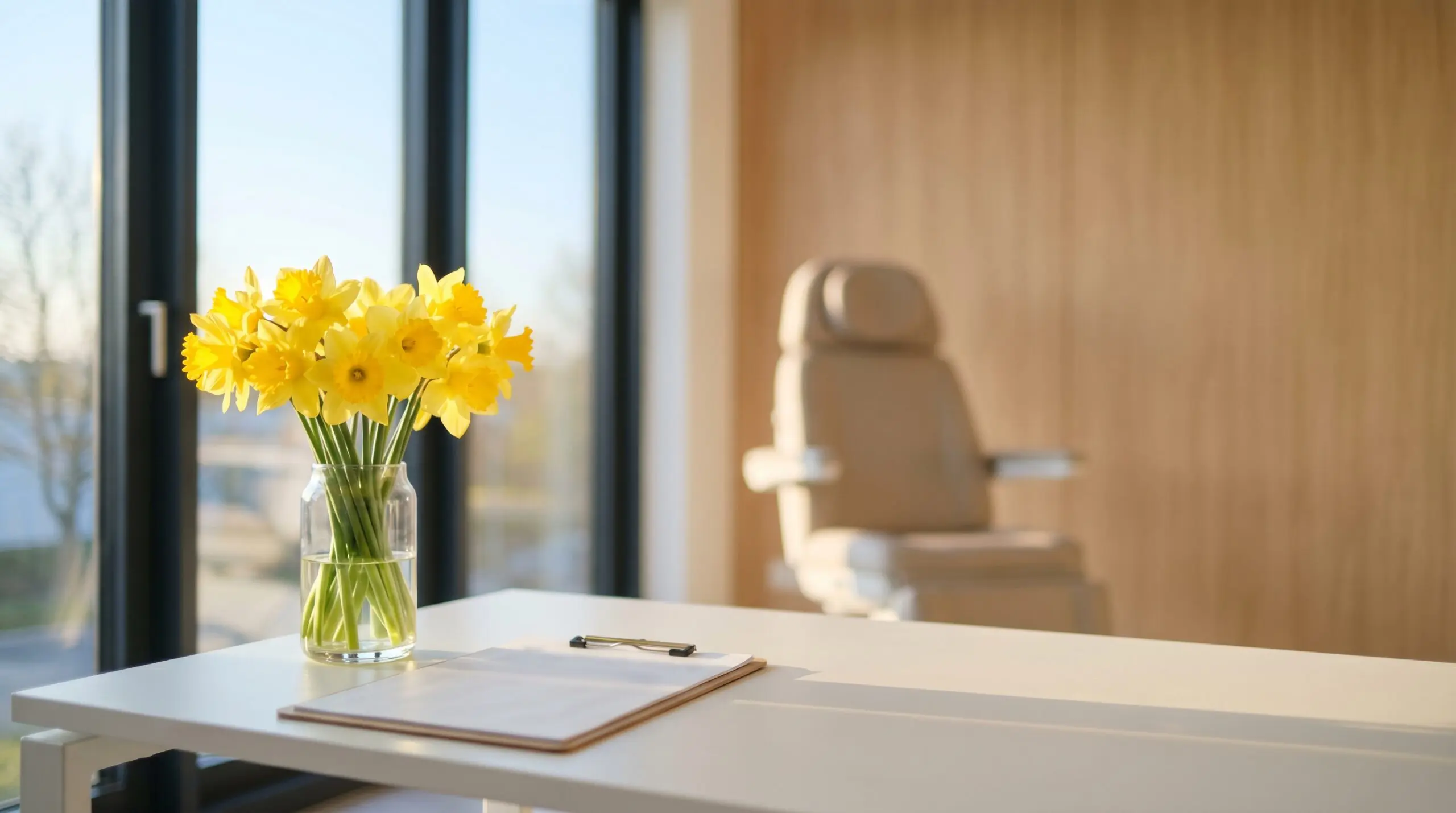 Daffodils in a modern medical consultation room with clipboard and treatment chair