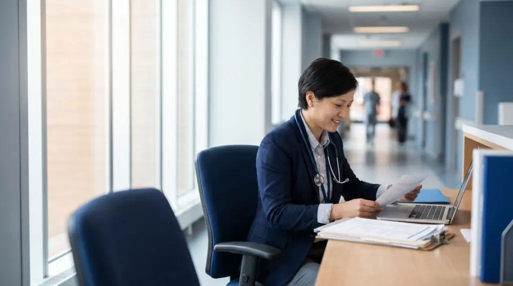 Canadian hyperbaric clinic safety officer reviewing adverse event documentation in a modern medical office