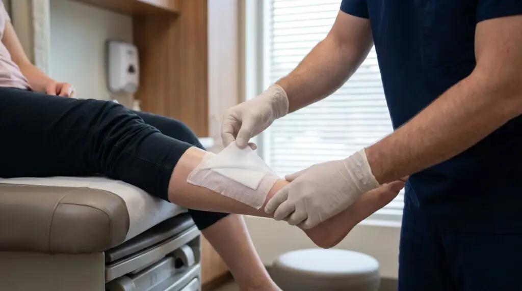 Canadian physician examining a patient lower-leg wound dressing in a clinic setting