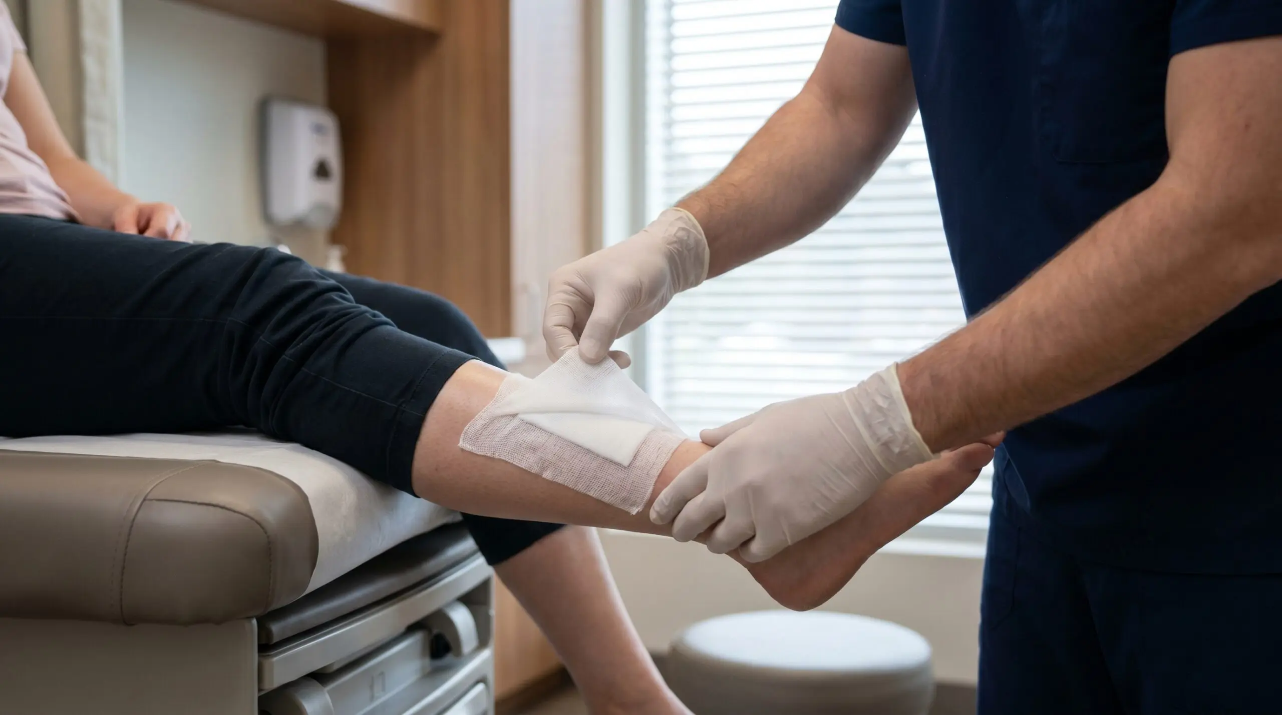 Canadian physician examining a patient lower-leg wound dressing in a clinic setting