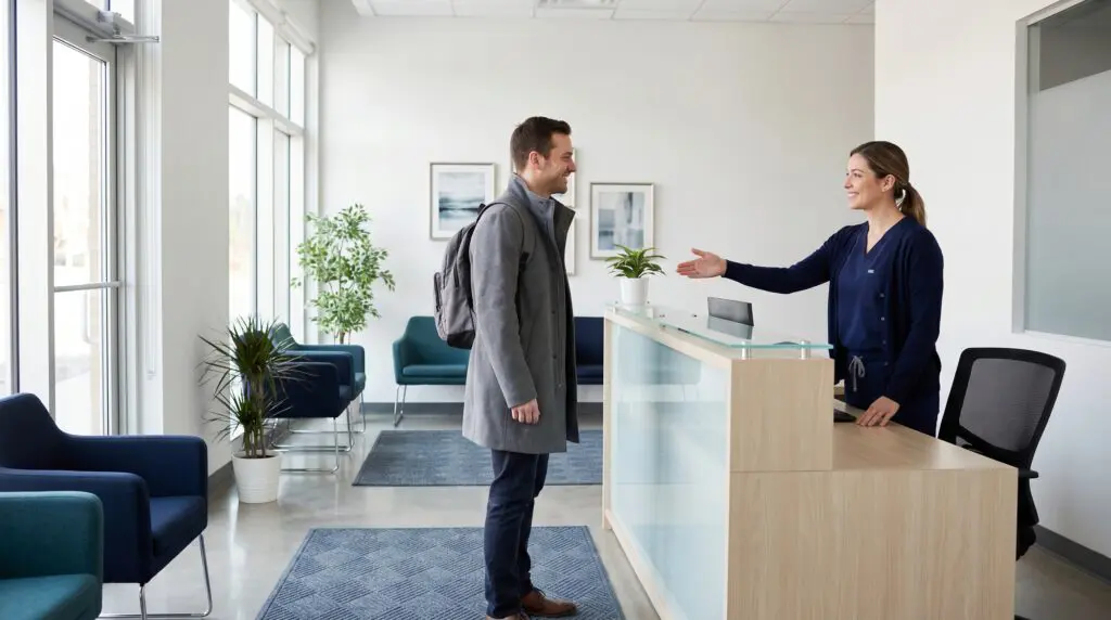 Modern Canadian healthcare clinic lobby with soft natural light