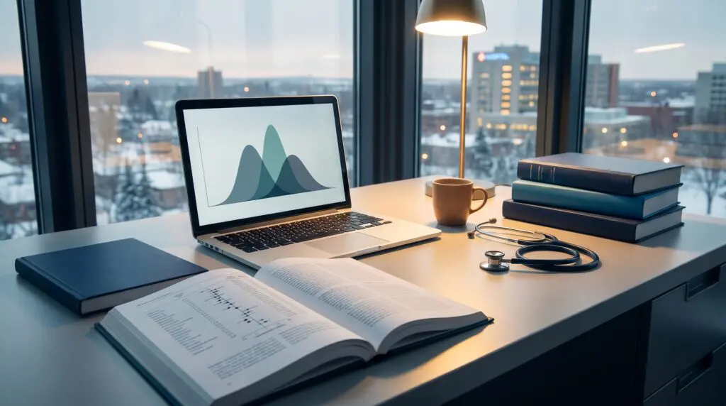 Hyperbaric oxygen therapy long COVID research workspace at a Canadian medical research university with open journal, laptop showing data visualisation, and snowy hospital tower view