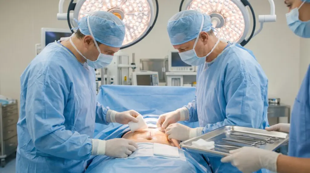 Reconstructive surgeons in blue scrubs tending to a post-operative wound dressing on a sterile surgical drape with overhead surgical lights