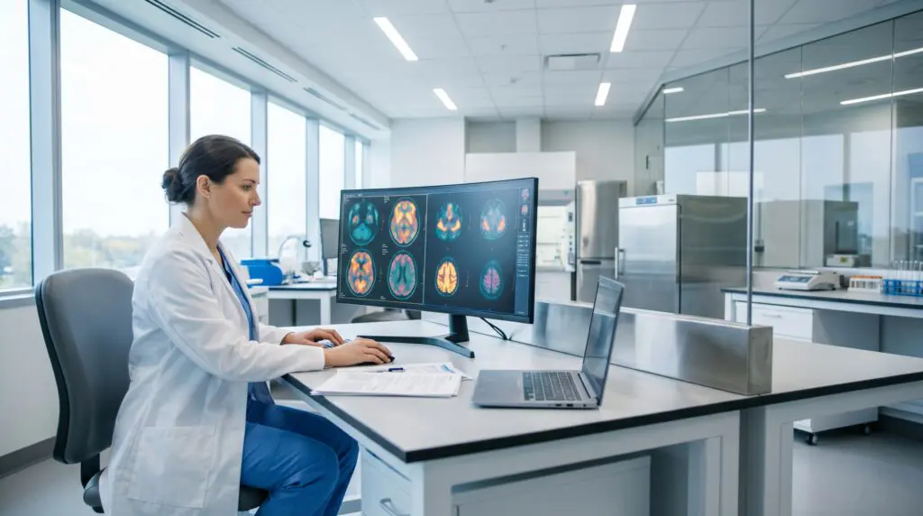 Researcher reviewing brain SPECT imaging data for hyperbaric oxygen therapy fibromyalgia study