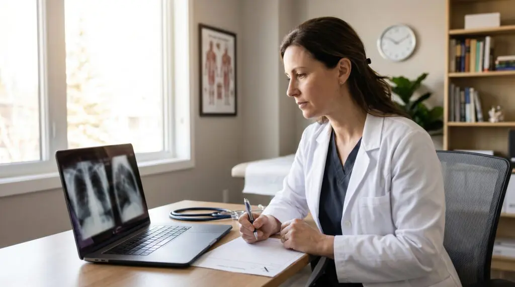 Canadian family physician reviewing patient imaging and preparing a hyperbaric oxygen therapy referral in a clinic examination room
