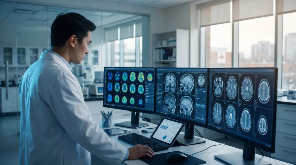 Neuroscience researcher analyzing PET and MRI brain scans on multiple monitors in a Canadian academic research laboratory