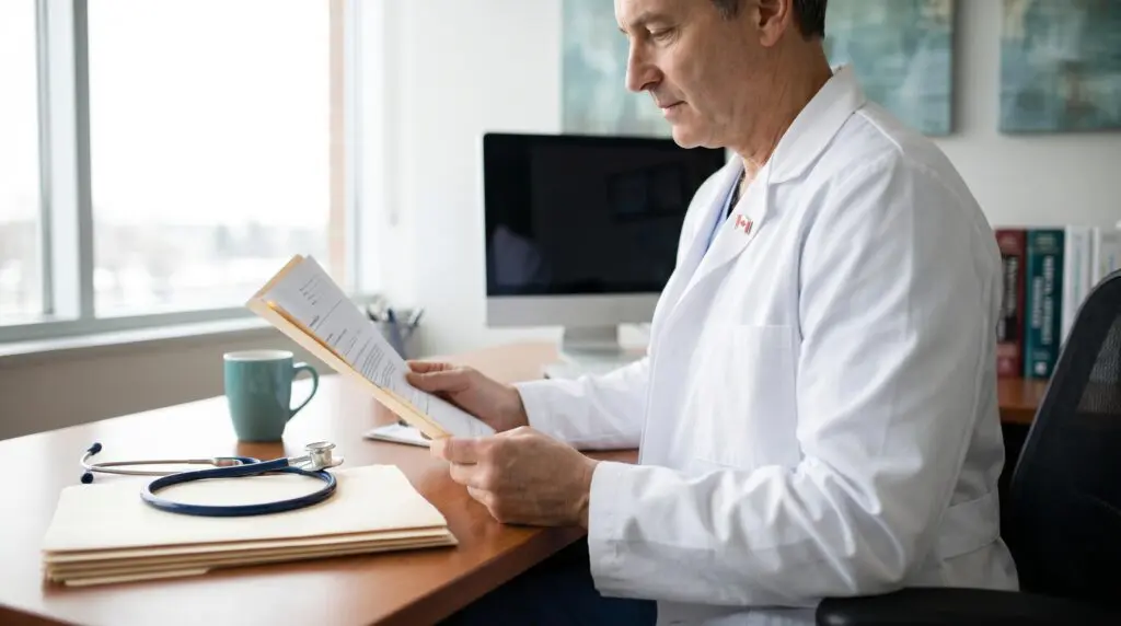 Canadian family physician reviewing a hyperbaric oxygen therapy referral document at a hospital office desk