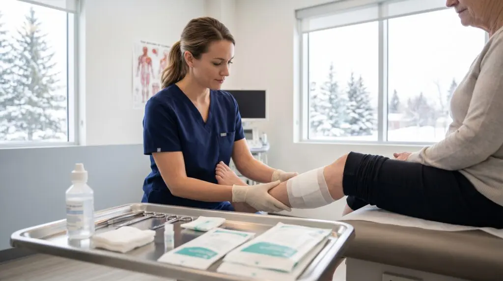 Healthcare professional examining a wound in a Canadian clinical setting