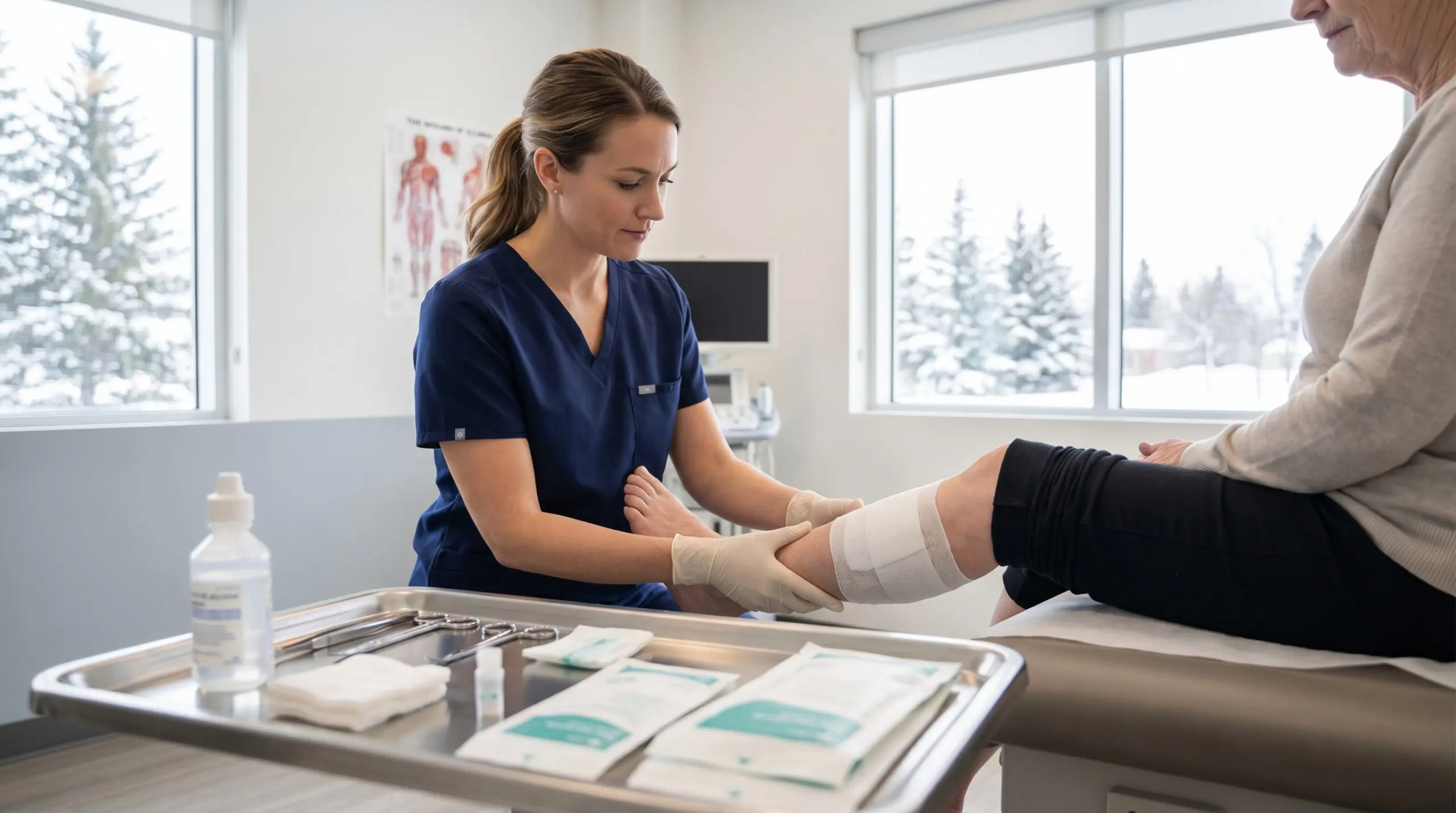 Healthcare professional examining a wound in a Canadian clinical setting