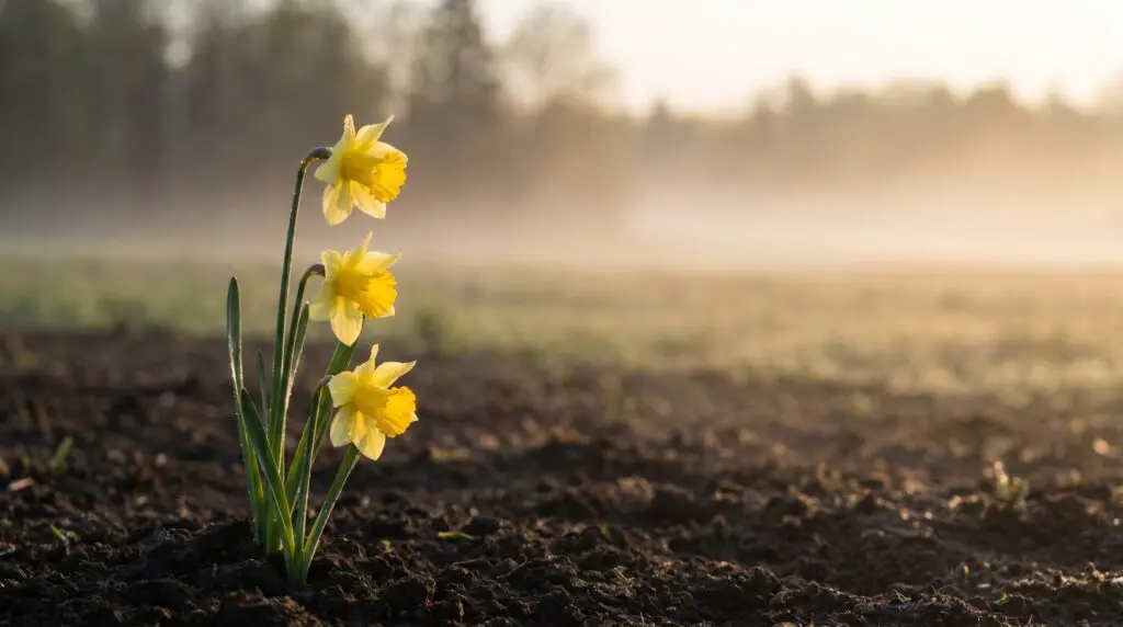A single yellow daffodil with dewdrops in early morning light along a soft Canadian forest path, symbolizing renewal and survivorship