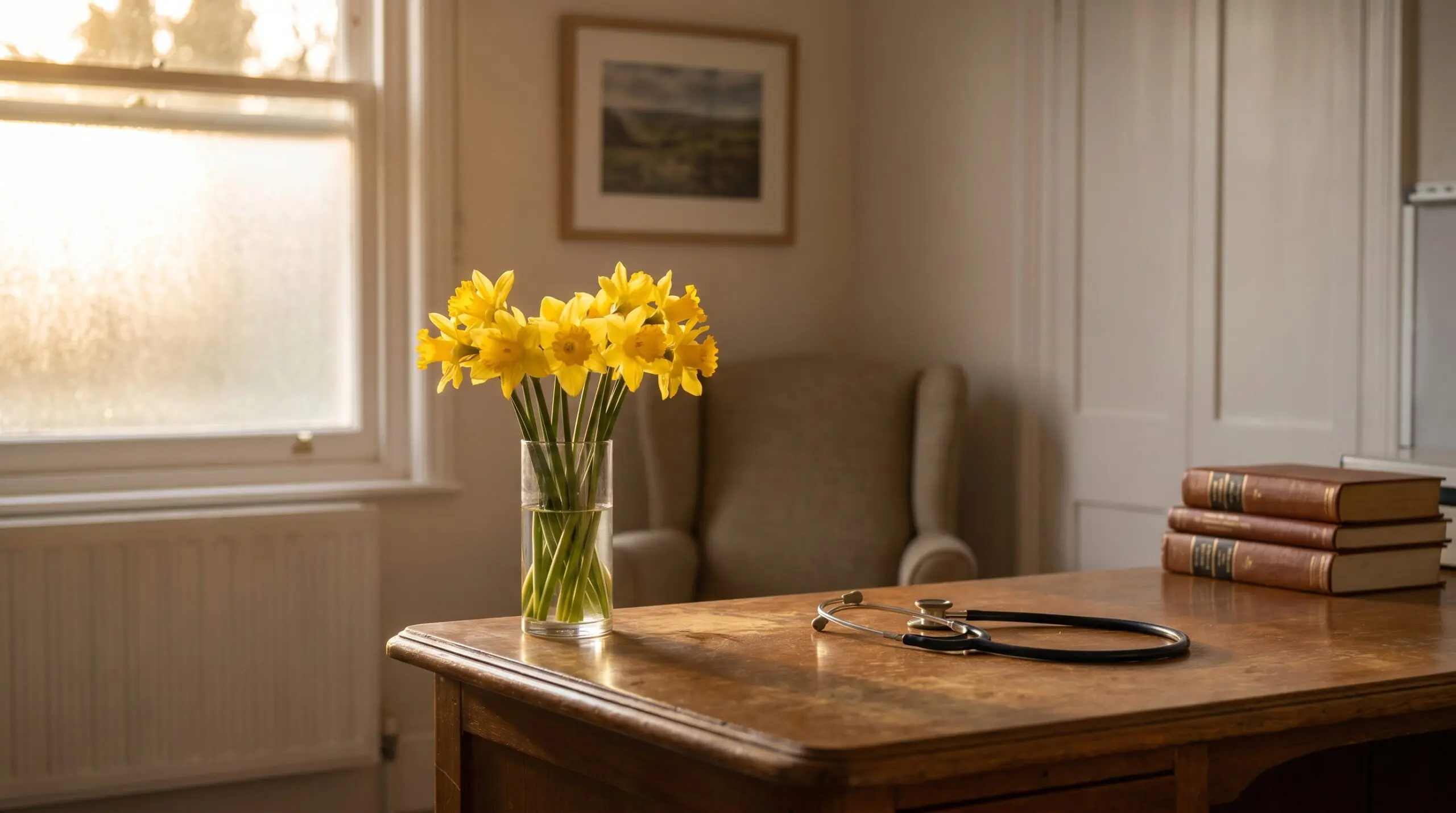 A vase of bright yellow daffodils on a wooden physician's desk in warm afternoon light, with a stethoscope and medical books, symbolising informed conversation about cancer survivorship and HBOT
