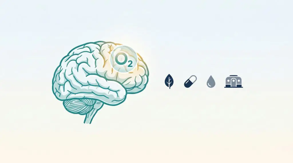 Anatomical illustration of a human brain in profile with an O2 oxygen molecule symbol overlaid near the cortical region, alongside four small abstract icons representing therapeutic agent categories