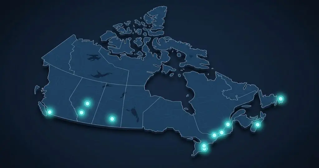 Stylized map of Canada showing the eleven hospital hyperbaric oxygen therapy programmes with glowing teal markers across British Columbia, Alberta, Saskatchewan, Ontario, Quebec, Nova Scotia, and Newfoundland