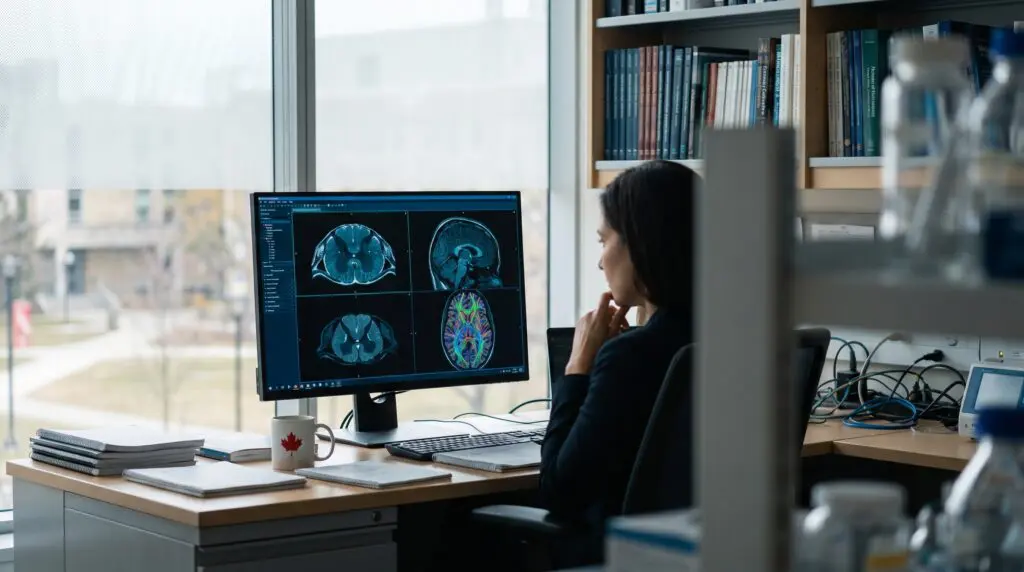 Researcher reviewing brain MRI connectivity scans related to hyperbaric oxygen therapy and spinal cord injury research in a Canadian academic medical lab