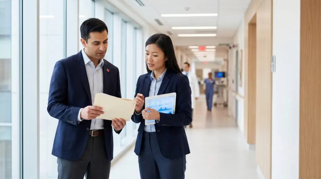Two Canadian physicians consulting over patient chart for hyperbaric oxygen therapy referral coordination