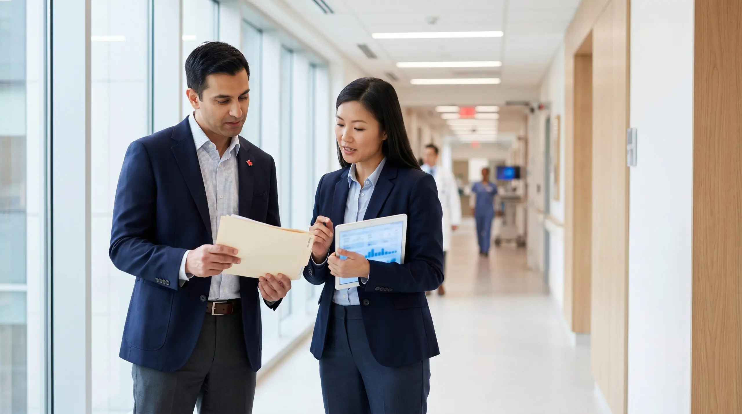 Two Canadian physicians consulting over patient chart for hyperbaric oxygen therapy referral coordination