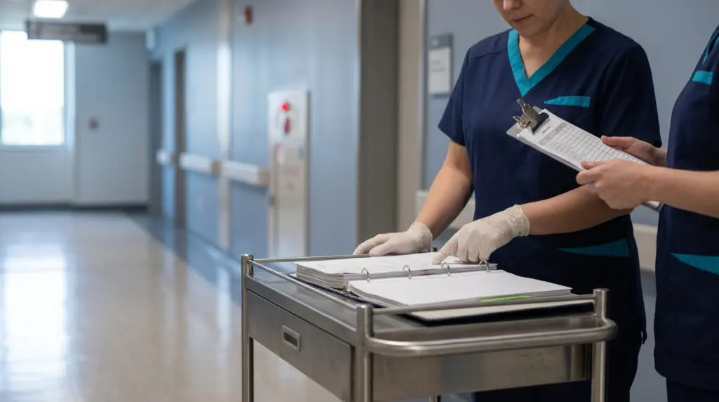 Canadian clinical staff reviewing a hyperbaric emergency safety protocol binder on a stainless-steel cart in a hospital corridor