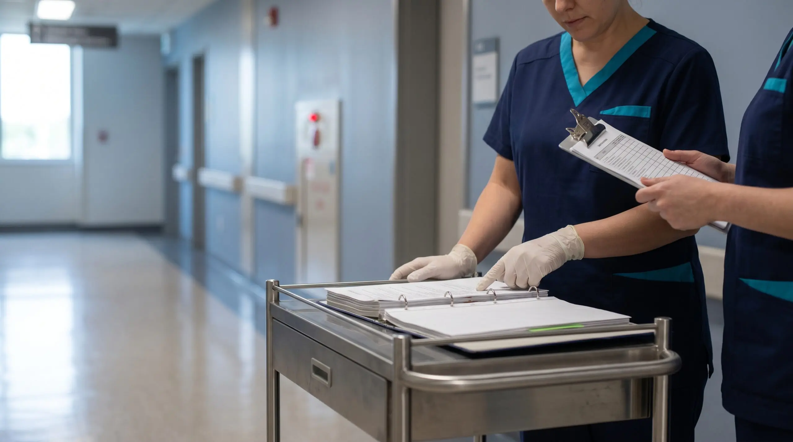 Canadian clinical staff reviewing a hyperbaric emergency safety protocol binder on a stainless-steel cart in a hospital corridor