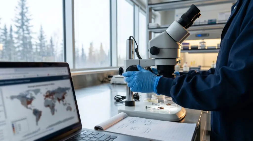 Canadian medical research laboratory bench with microscope and tick specimen analysis, illustrating Lyme disease HBOT research review