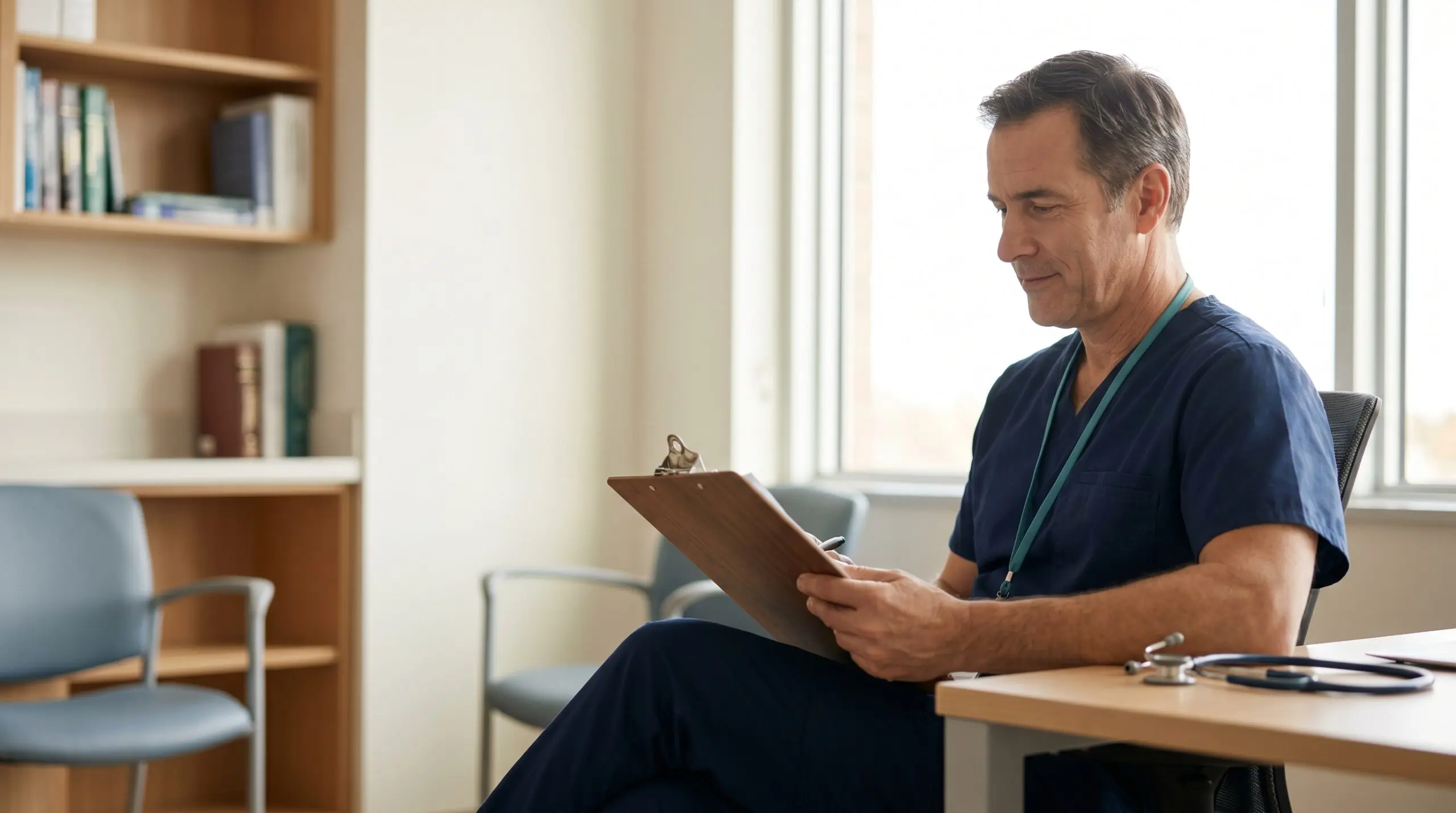 A Canadian healthcare physician reviews a patient medical chart in a hospital consultation room to screen for hyperbaric oxygen therapy contraindications.
