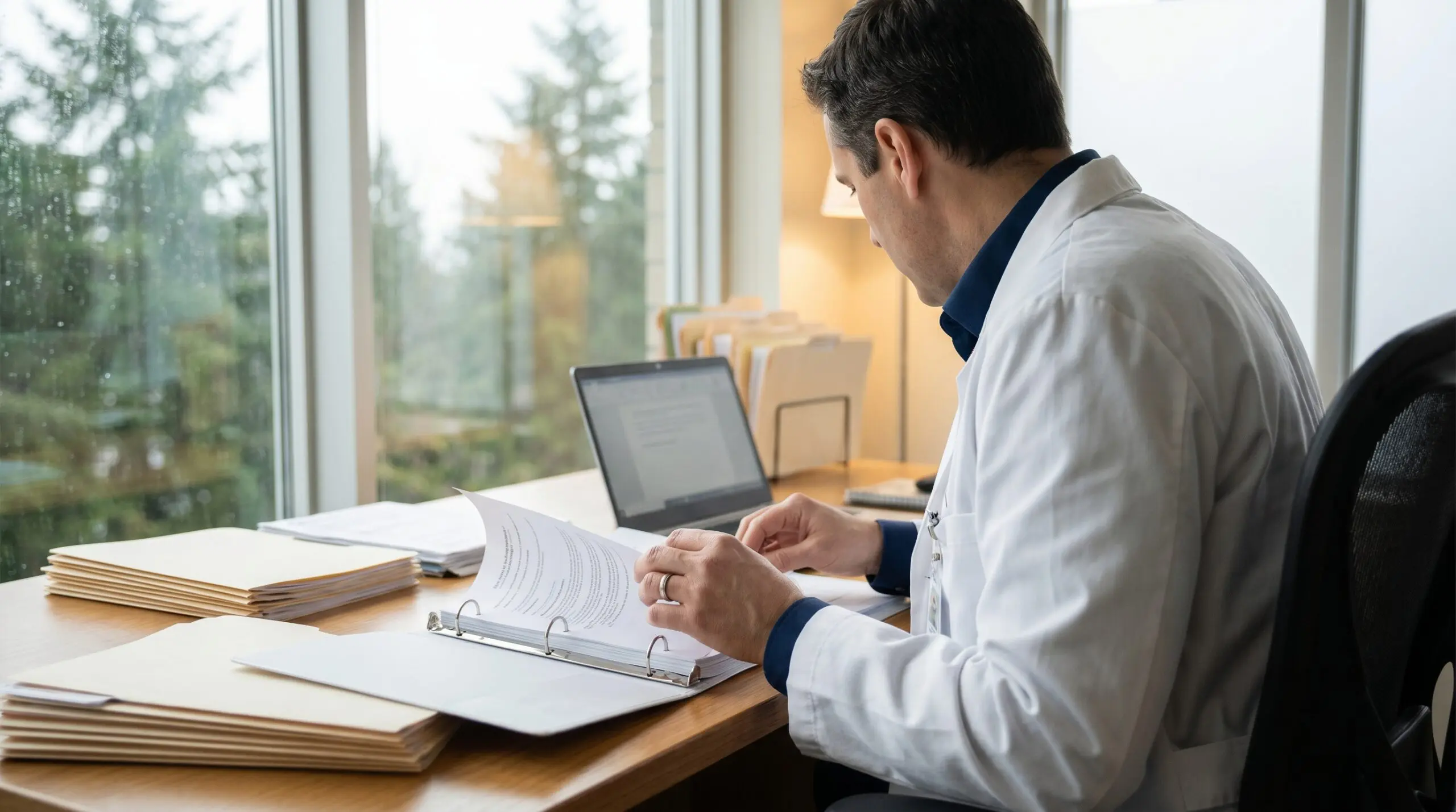 Canadian physician reviewing hyperbaric oxygen therapy regulatory documents at an office desk