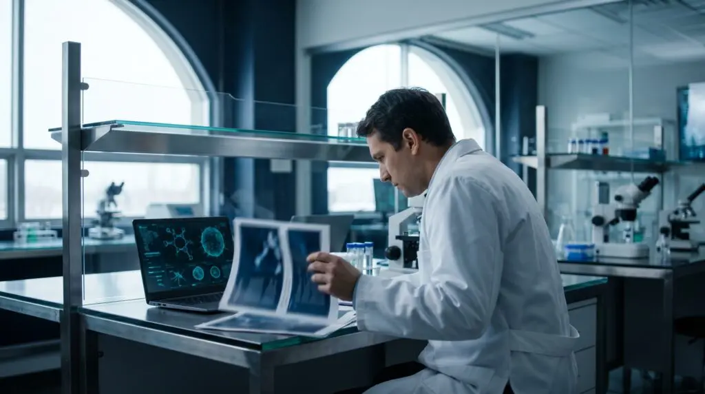 Canadian medical researcher reviewing hyperbaric oxygen therapy oncology evidence in a research laboratory