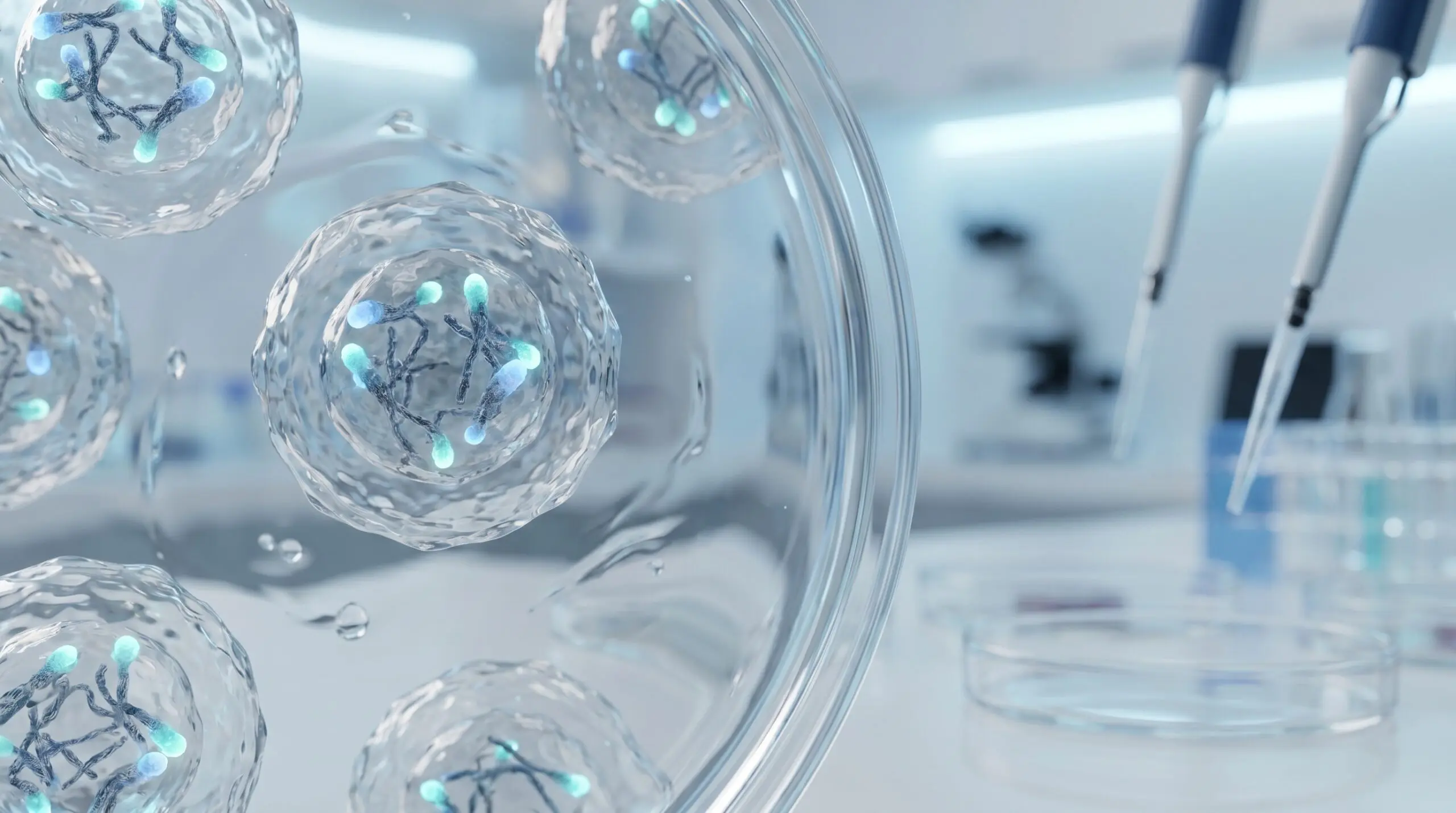 Microscopy view of immune cells with telomere caps highlighted, scientific research aesthetic