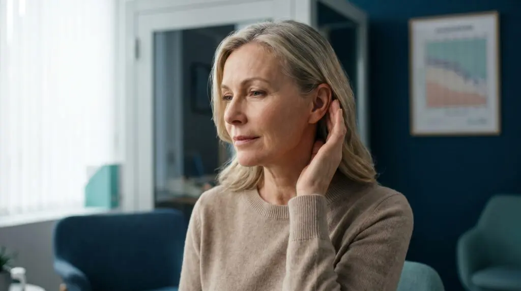 Canadian woman in an audiologist office gently touching her ear, suggesting sudden hearing loss