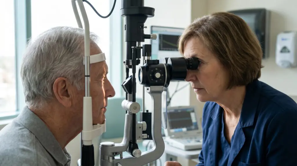 Ophthalmologist examining an elderly patient with a slit lamp during urgent CRAO assessment in a Canadian hospital