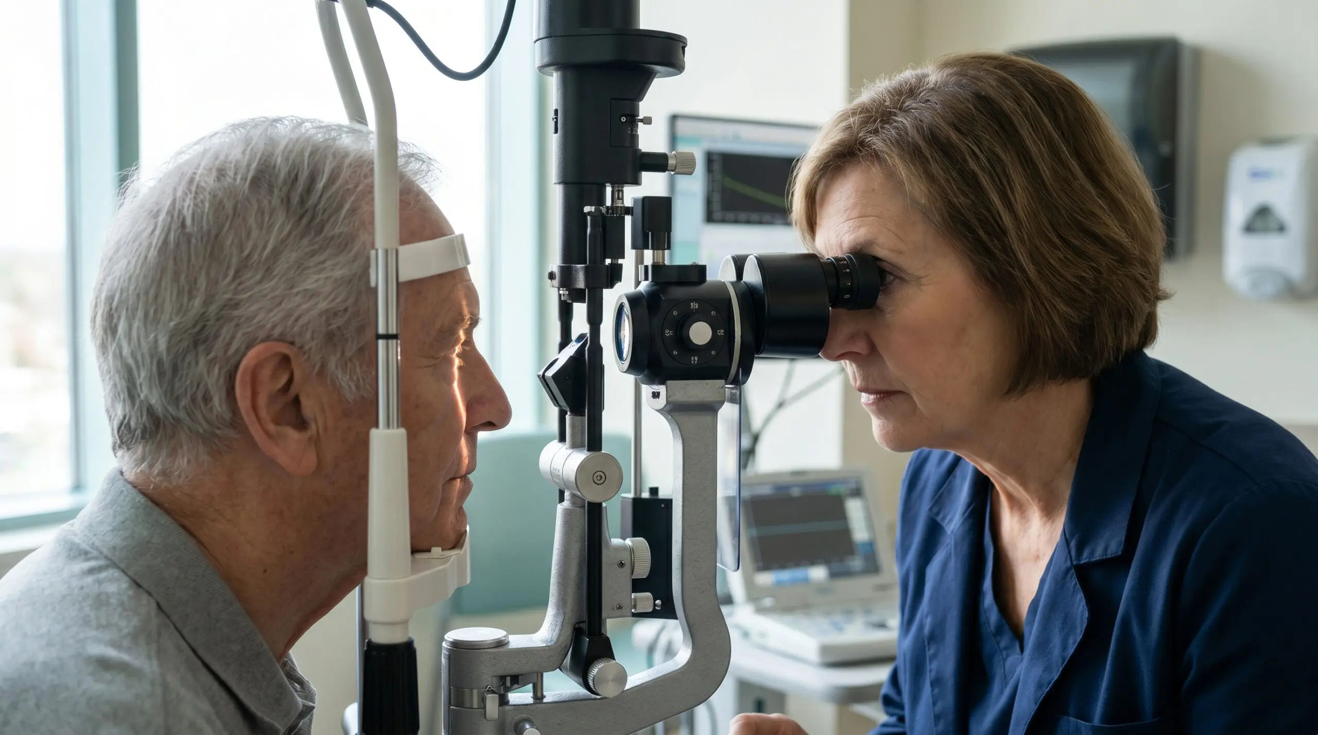 Ophthalmologist examining an elderly patient with a slit lamp during urgent CRAO assessment in a Canadian hospital