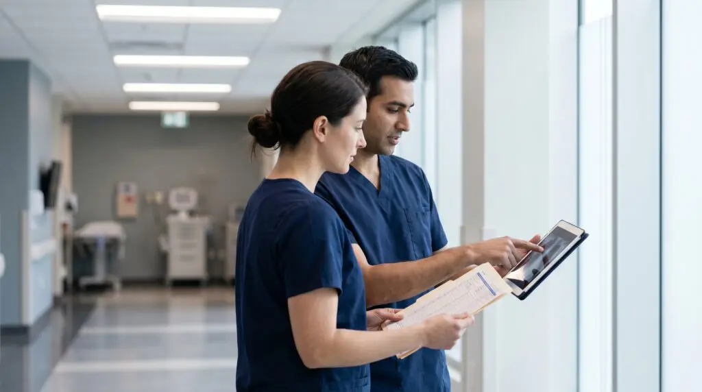 Two Canadian emergency physicians in dark navy scrubs reviewing a patient chart and tablet imaging in a modern hospital trauma corridor, illustrating an HBOT referral discussion