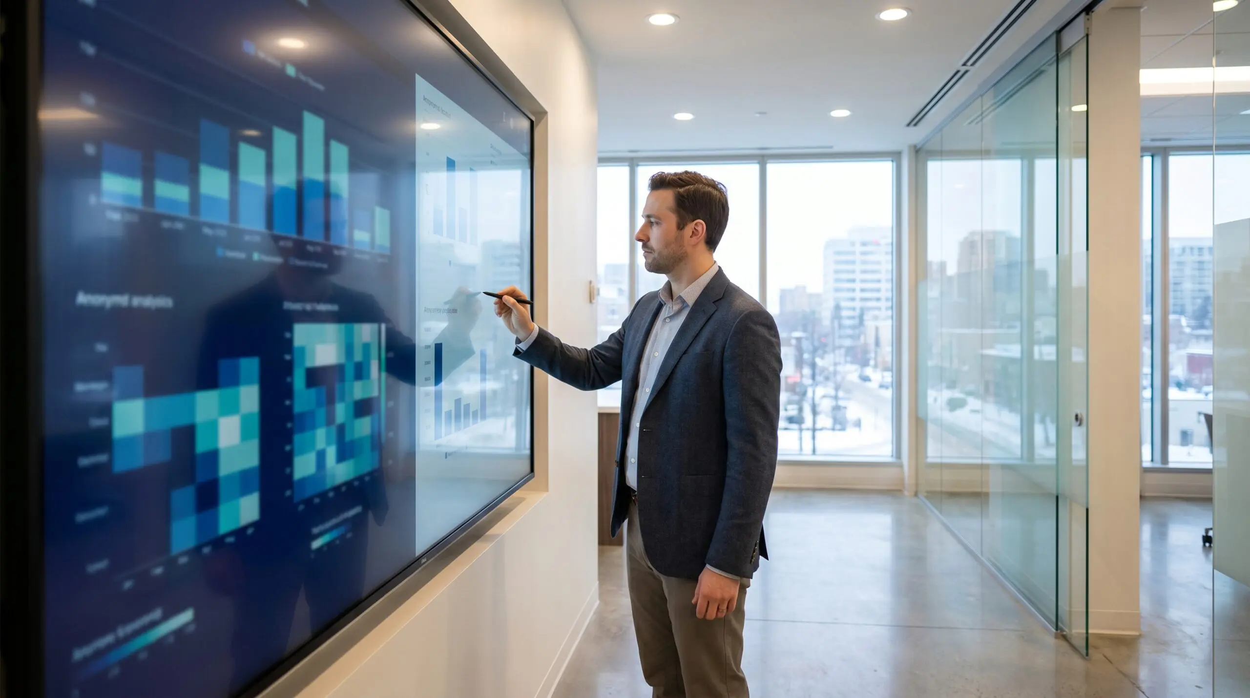 Healthcare administrator reviewing physiological data dashboards in a modern Canadian clinical office for hyperbaric oxygen therapy operations planning