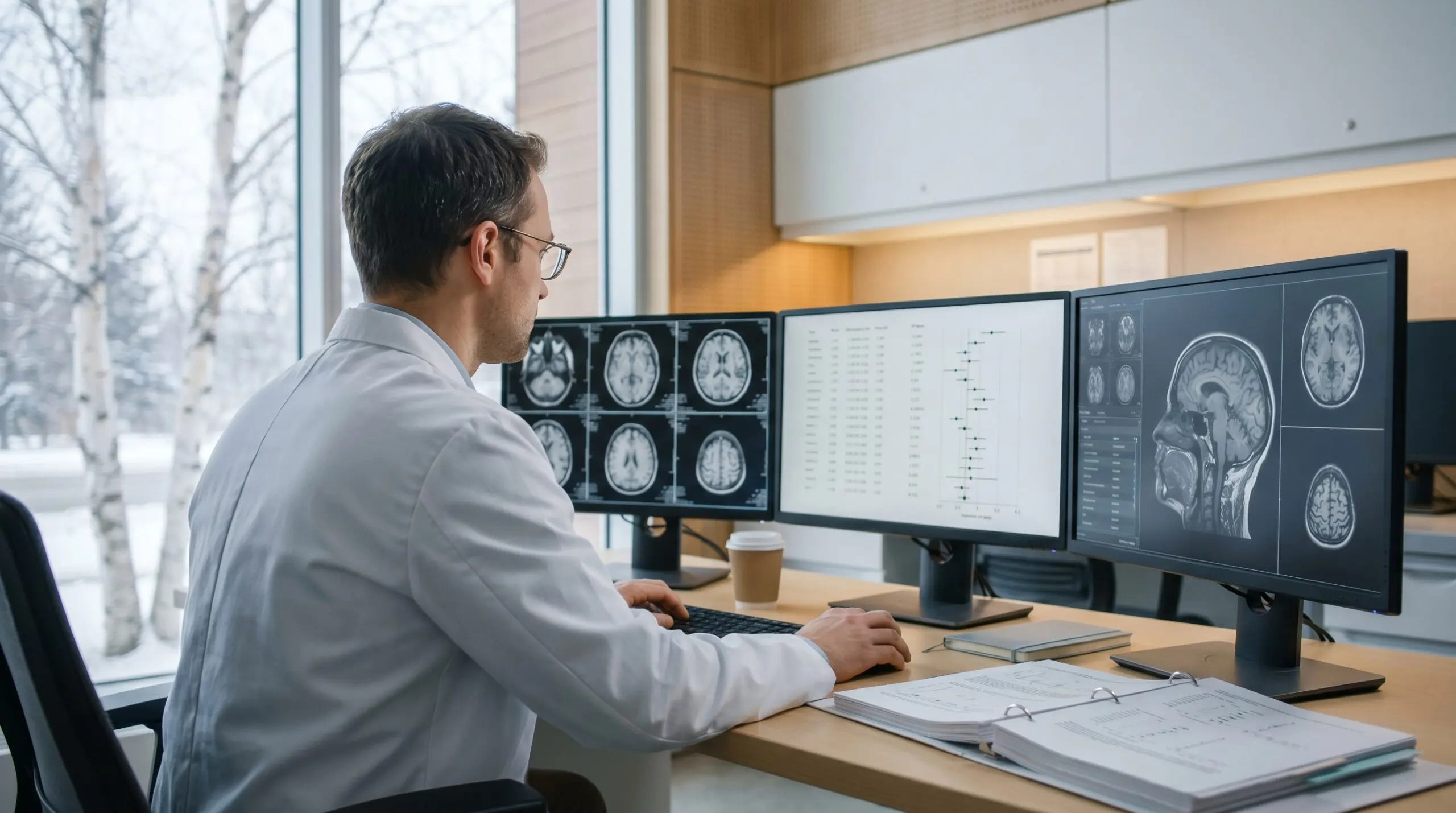 Researcher reviewing brain MRI scans and forest plots from the 2026 HBOT psychiatric disorders meta-analysis on multiple monitors in a Canadian academic medical research lab.
