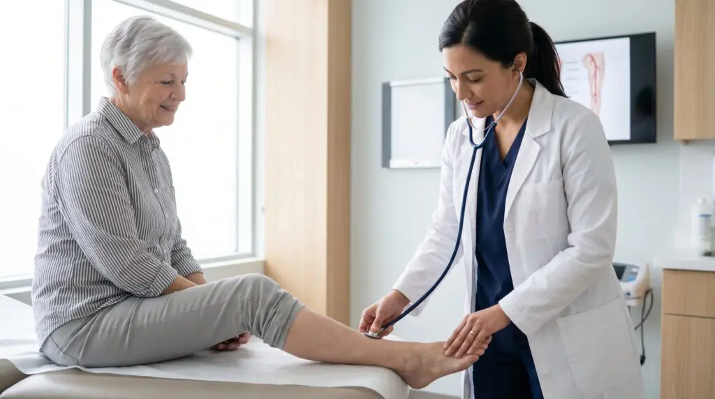 Canadian physician examining a patient's lower leg for peripheral arterial disease in a modern clinic