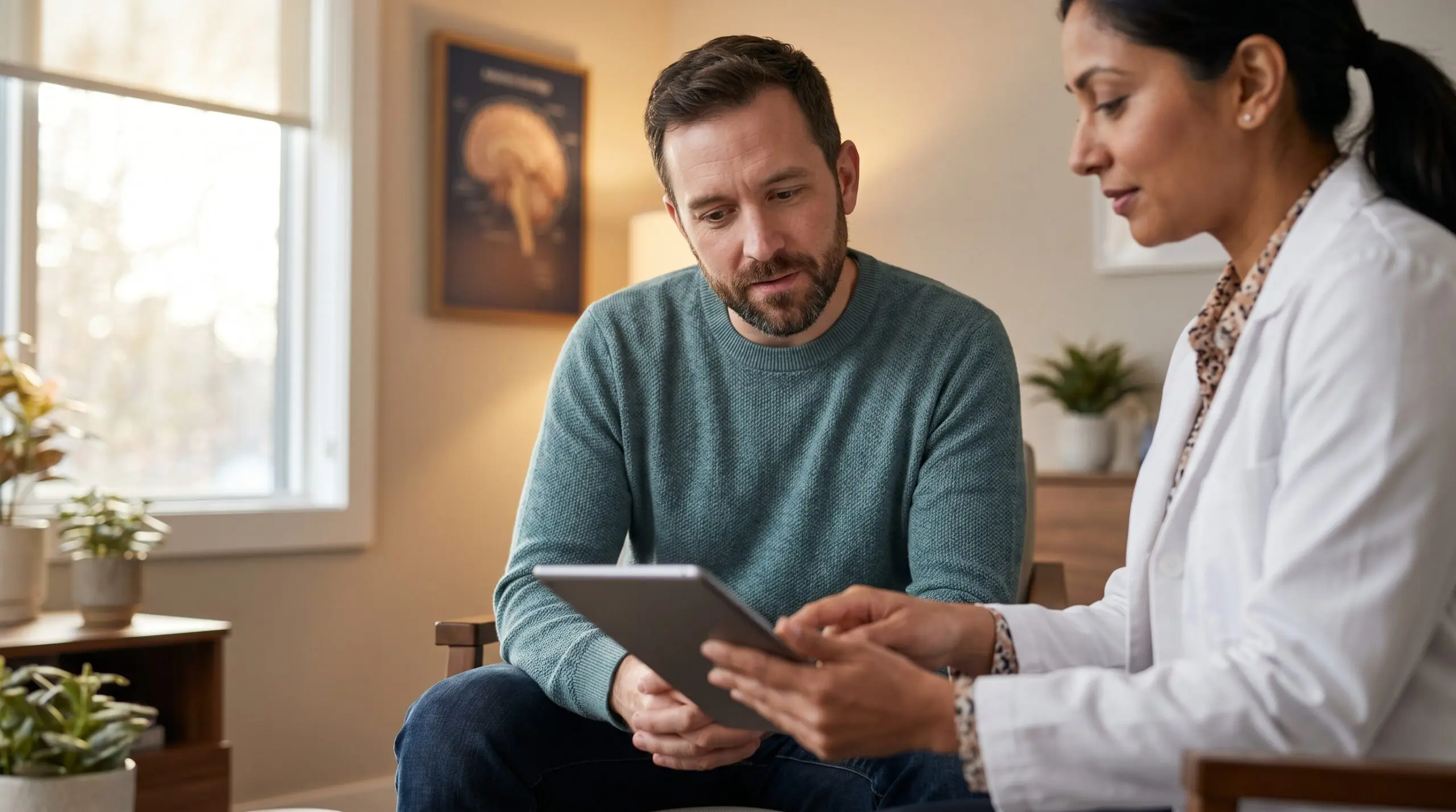 A patient discussing hyperbaric oxygen therapy for concussion with a Canadian physician in a modern clinic