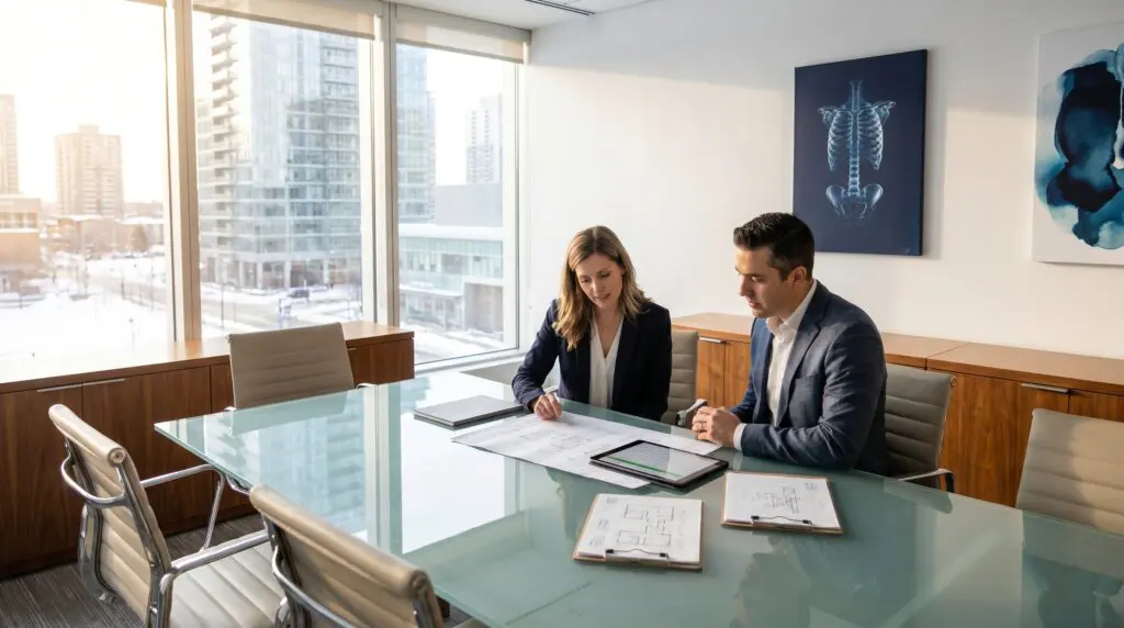 Two Canadian clinic owners reviewing hyperbaric chamber equipment specifications and capital budget documents in a modern medical office