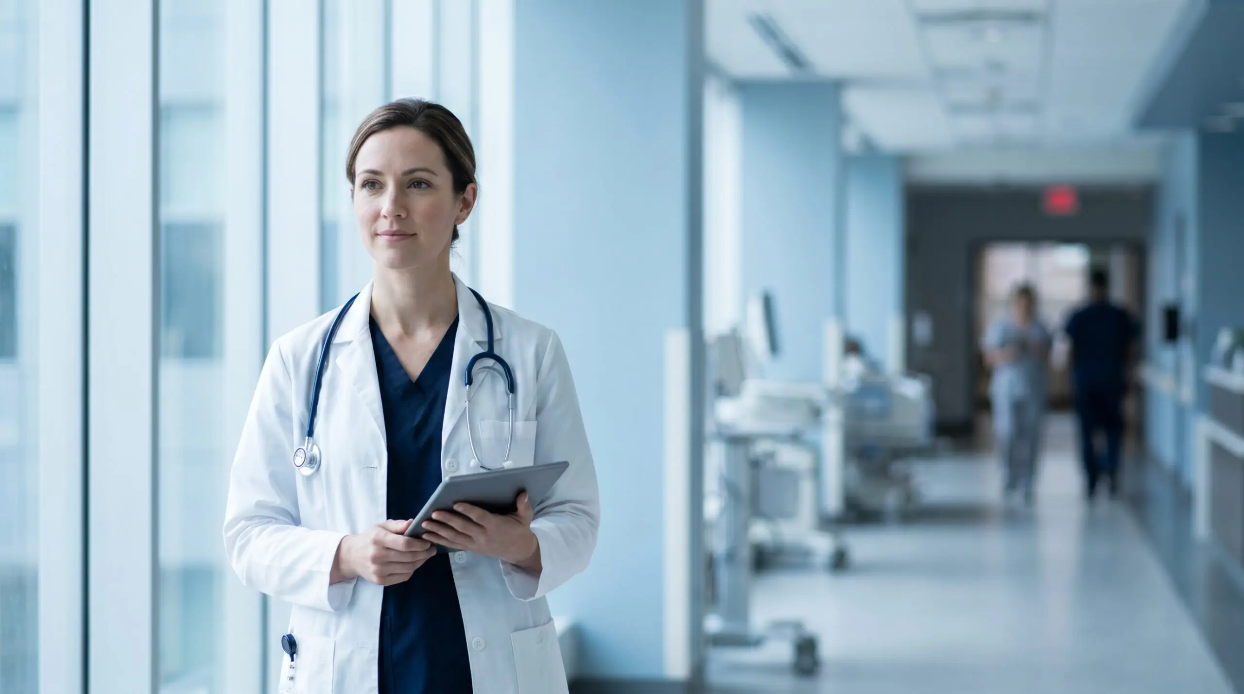 Canadian healthcare professional reviewing patient information in a hospital corridor, representing the patient pathway to hyperbaric oxygen therapy