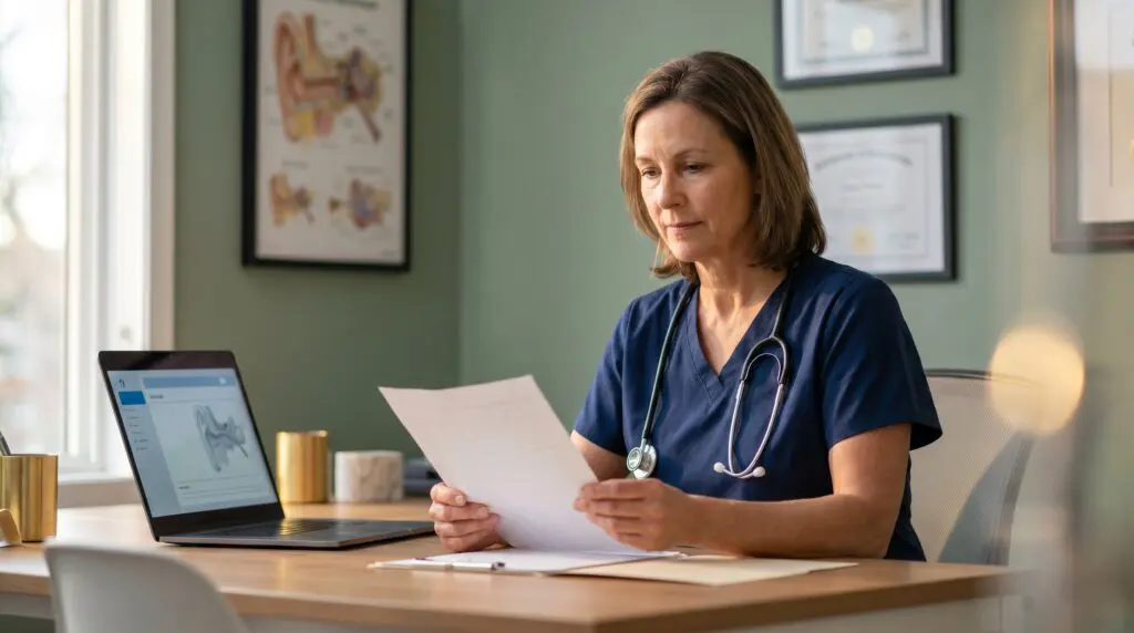 Canadian physician reviewing a clinical reference on hyperbaric oxygen therapy side effects in a modern consultation room
