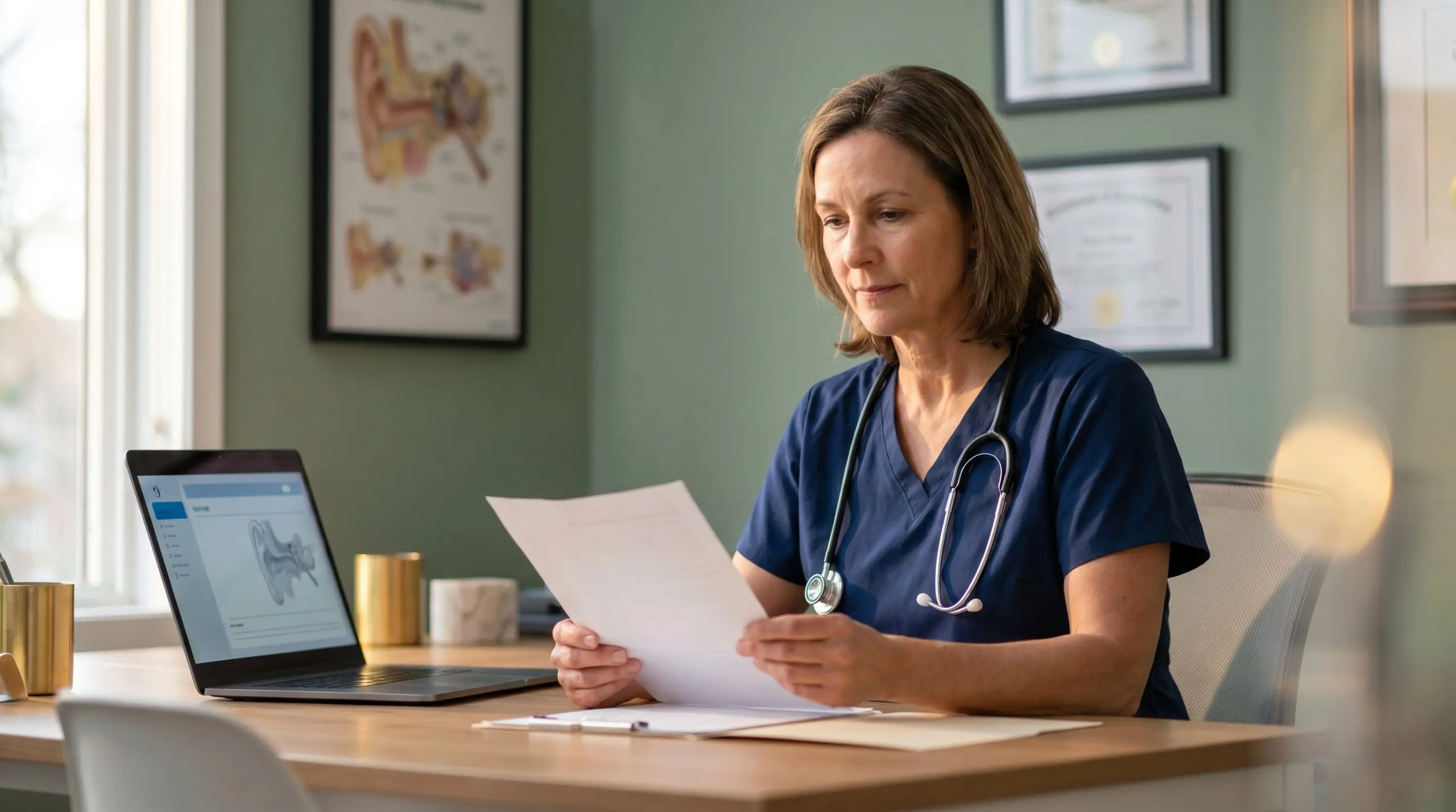 Canadian physician reviewing a clinical reference on hyperbaric oxygen therapy side effects in a modern consultation room