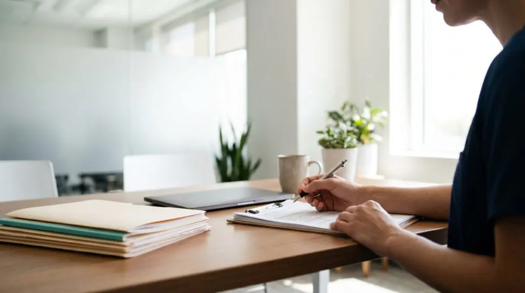 Canadian healthcare administrator reviewing hyperbaric clinic compliance documents at modern office desk