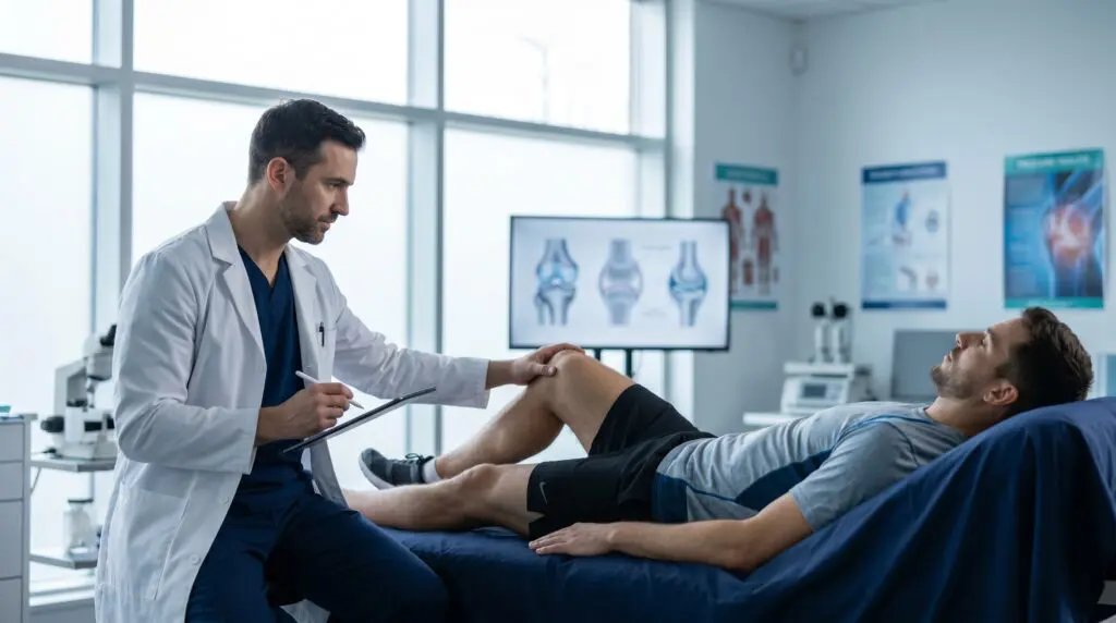 Canadian sports medicine physician evaluating male athlete on examination table in research clinic with anatomical diagrams