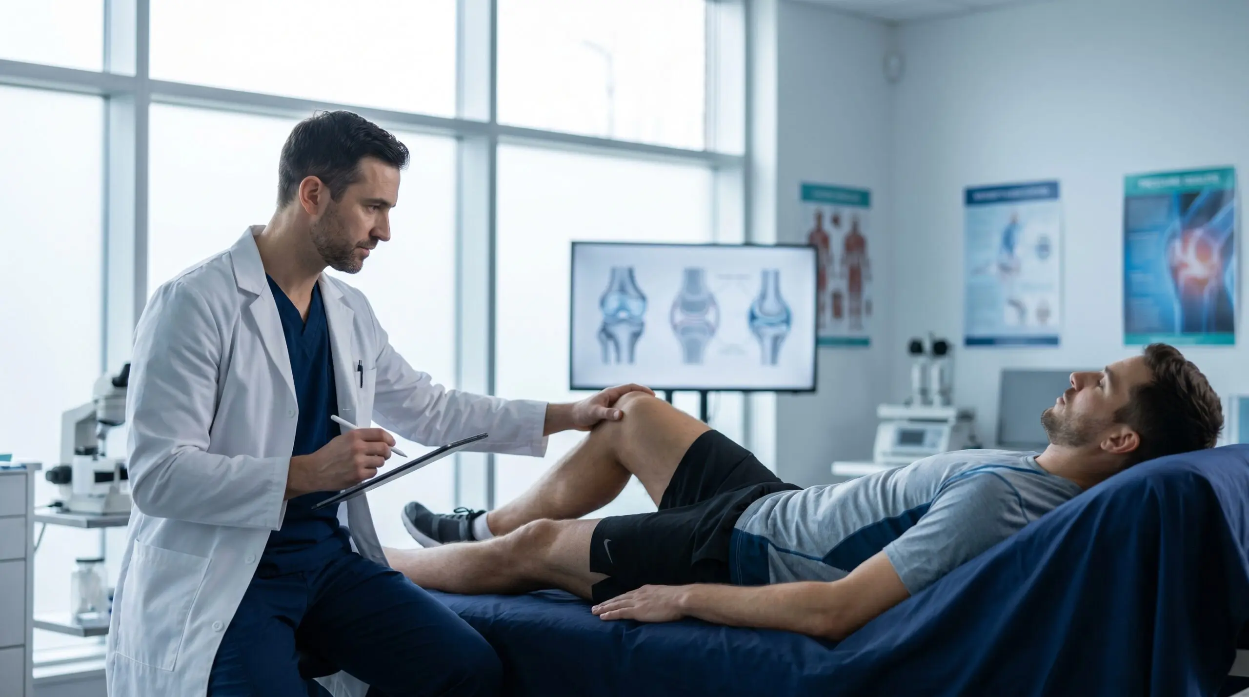 Canadian sports medicine physician evaluating male athlete on examination table in research clinic with anatomical diagrams